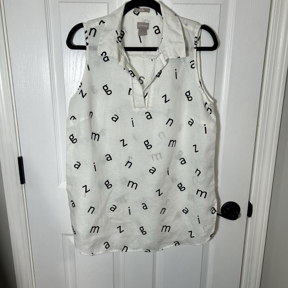 Chico’s Sleeveless Letter Print Tunic Size 1 Medium (8/10) 100% Linen